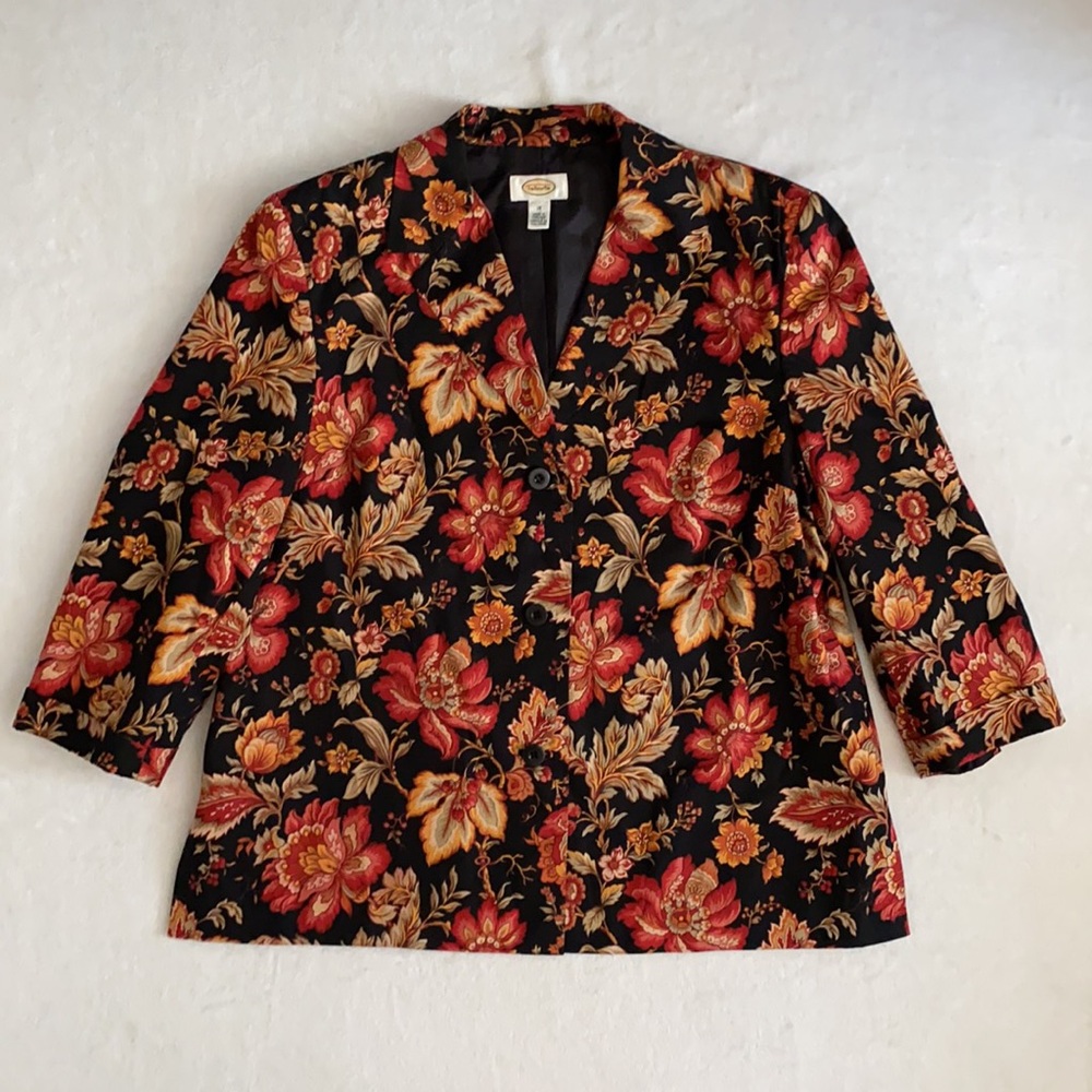 {VTG} Talbots | Y2K Fall Floral Go Anywhere Cotton Blazer Jacket Leaf Black 18